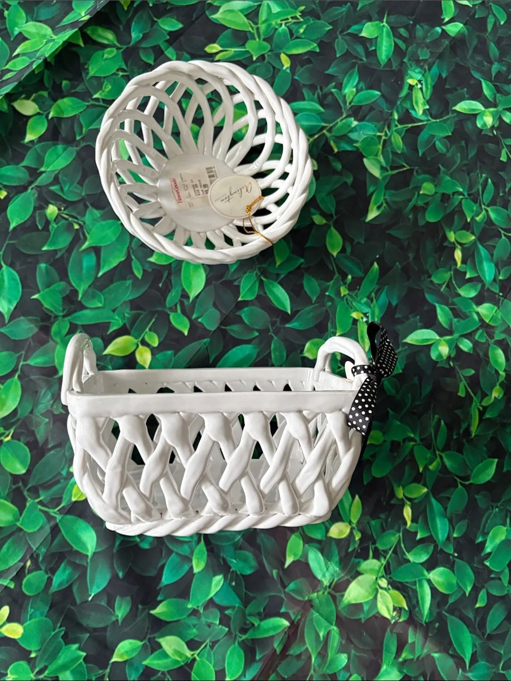 2 White Woven Ceramic Baskets